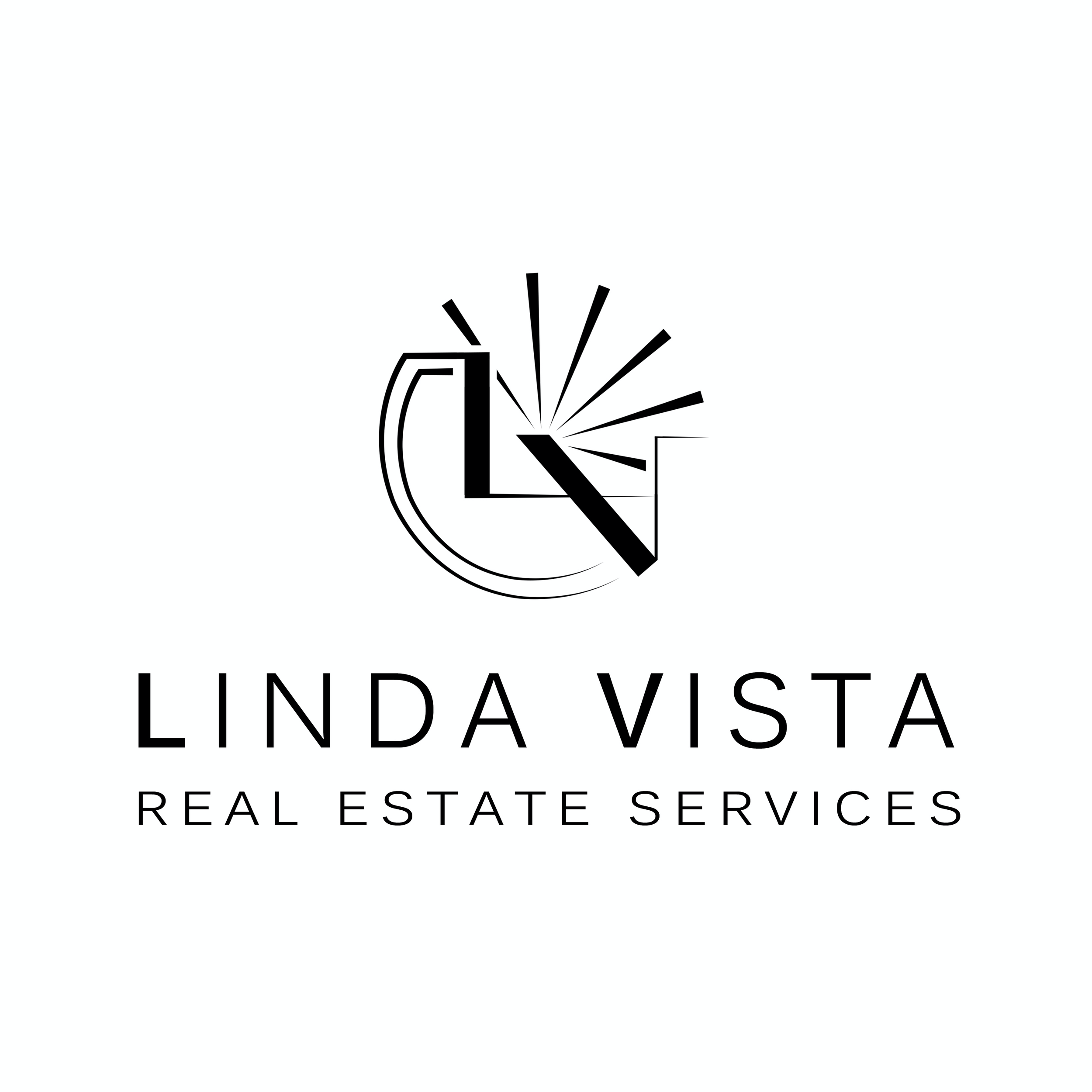 Logo for Linda Vista Real Estate Services featuring a stylized clock with rays emanating from the top right and the company name below.