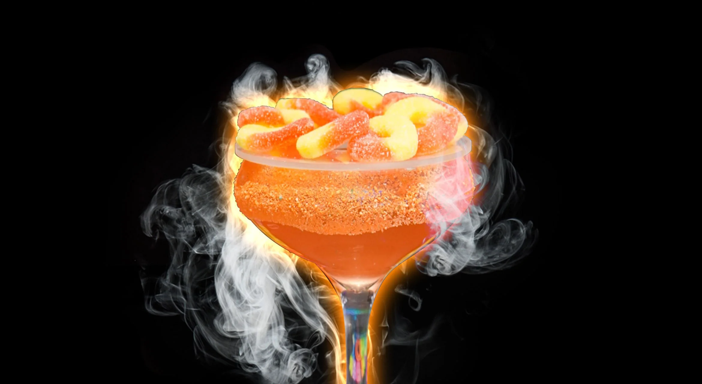 PEACHES OUT IN VEGAS - Deep Eddy Peach Vodka, Peach Schnapps, Lemonade, Sweet and Sour Mix, Simple Syrup, and Sprite. Garnished with Peach Gummy Candies and rimmed with Orange Pucker Powder.