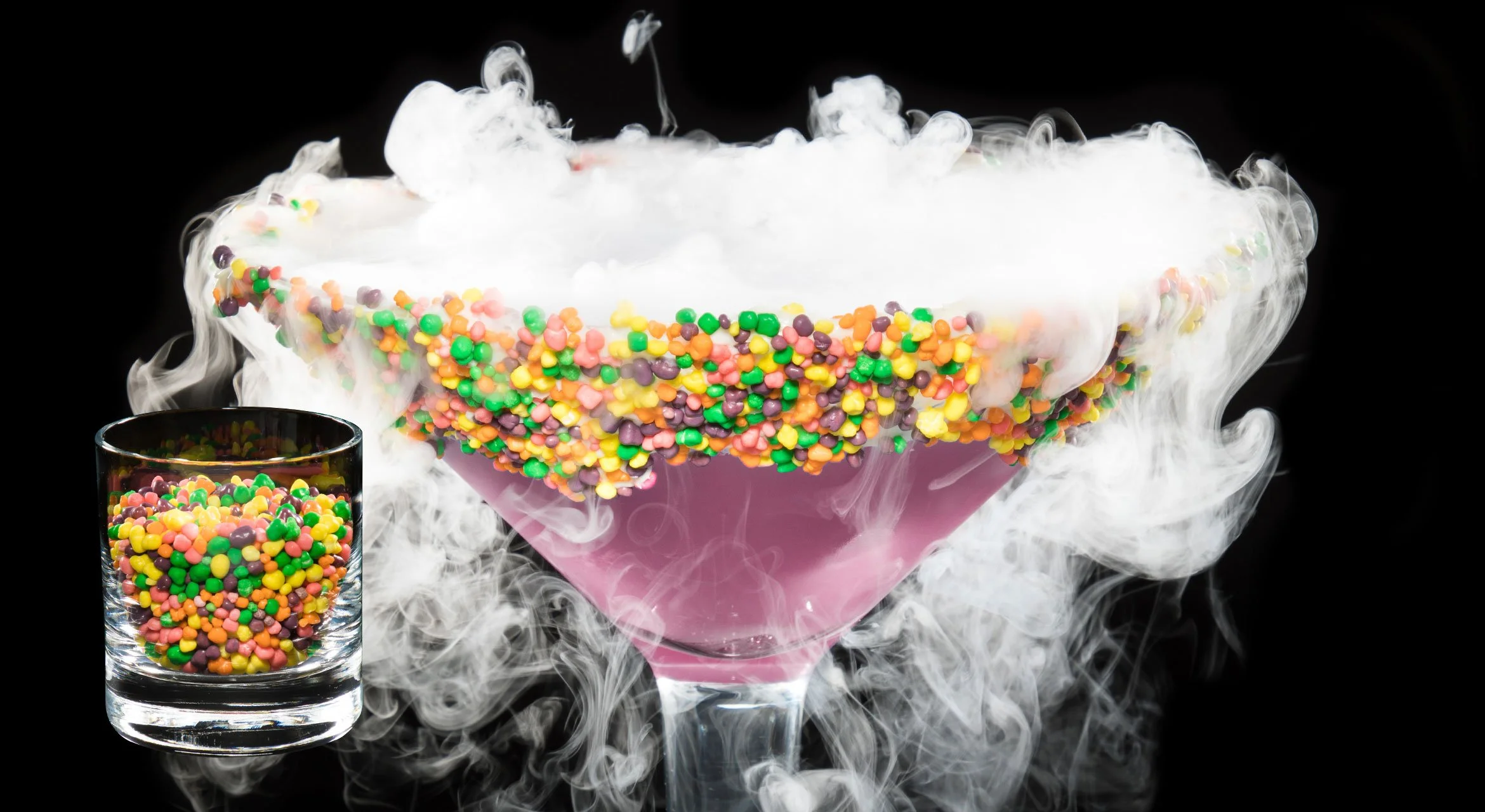 THE BIG BANG THEORY - Jack Daniel’s Blackberry (Vodka/Tequila - Substitutable) Strawberry Liquor - Rimmed with frosting and rainbow neon-colored mini candies.
Served with a side shot of rainbow neon-colored mini candies. (Mocktail Option)