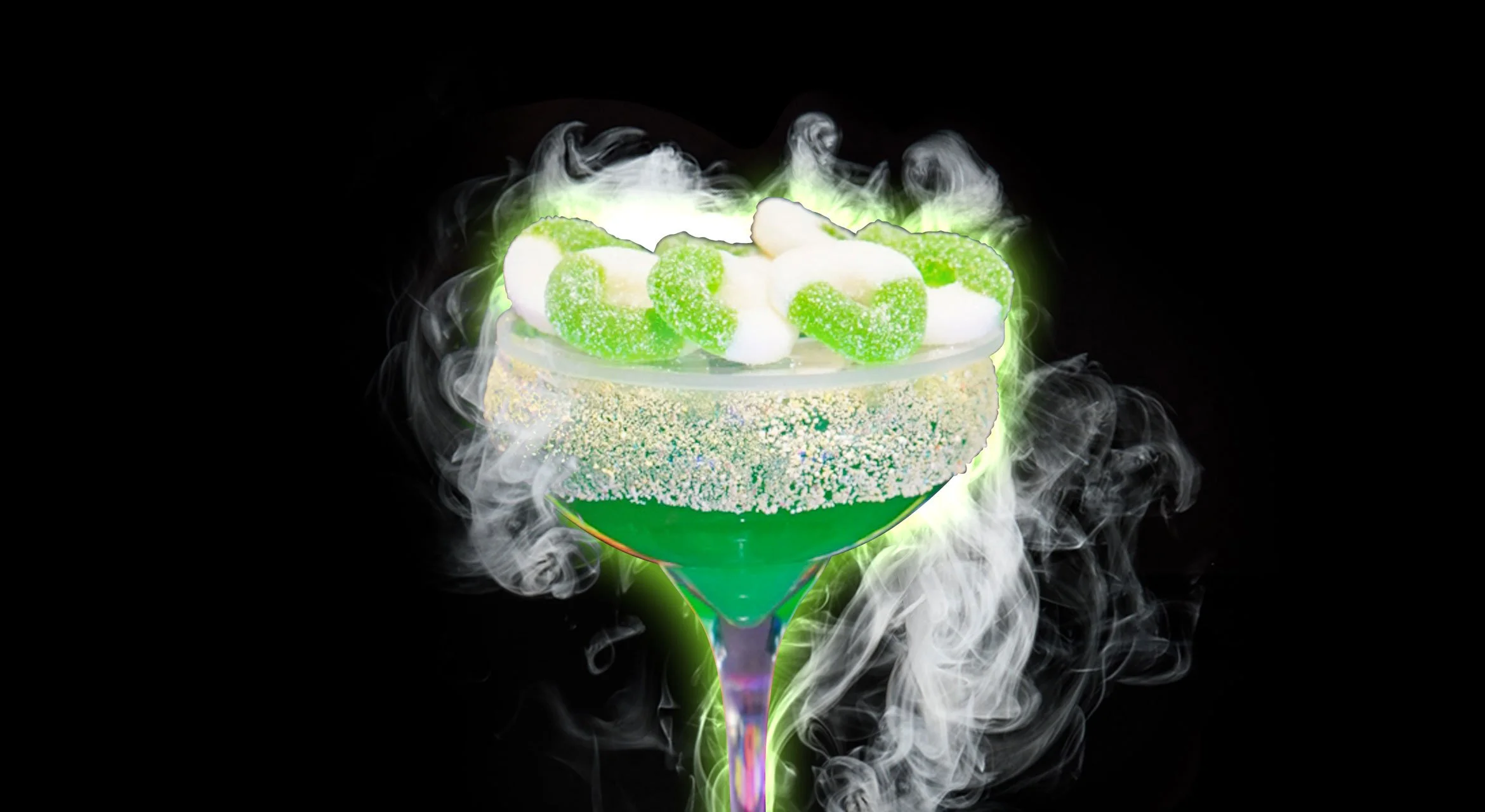 CASH ME OUT - Green Apple Jolly Rancher infused Admiral Nelson’s Coconut Rum, Blue Curaçao, Pineapple Juice, and Sprite. Rimmed with Piña Colada Pucker Powder and topped with Apple Gummy Candies.