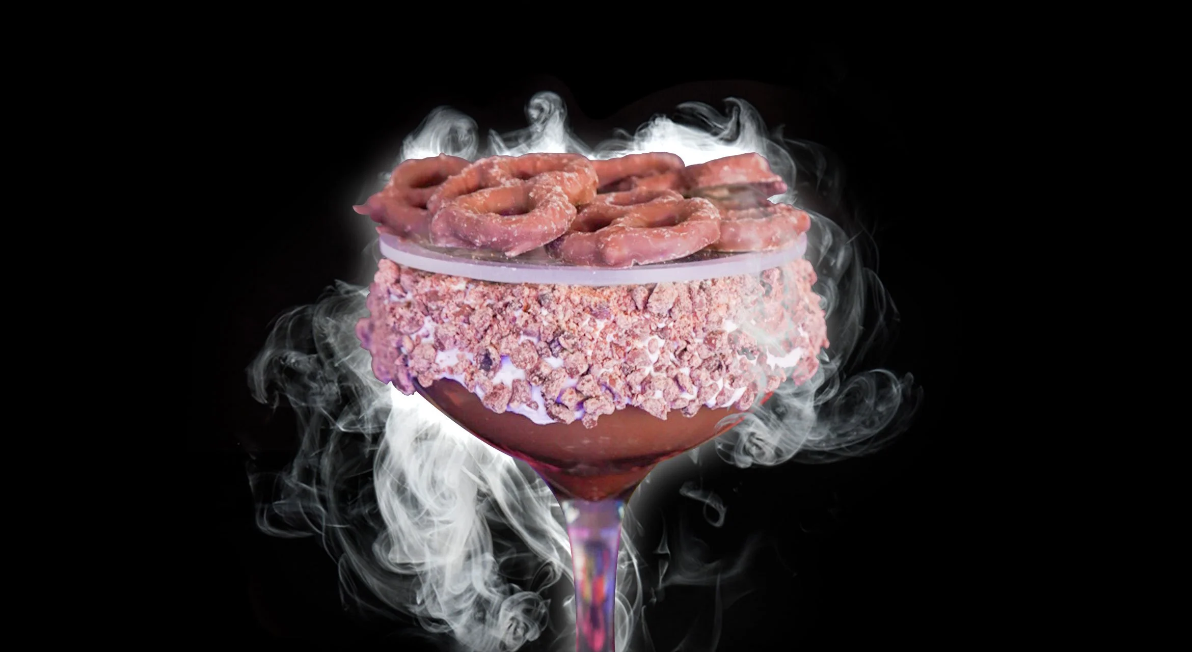 AFTER HOURS - Chocolate Vodka, Whipped Cream Vodka, Creme de Cafe, and Almond Milk. Garnished with chocolate covered espresso beans and chocolate covered pretzels.