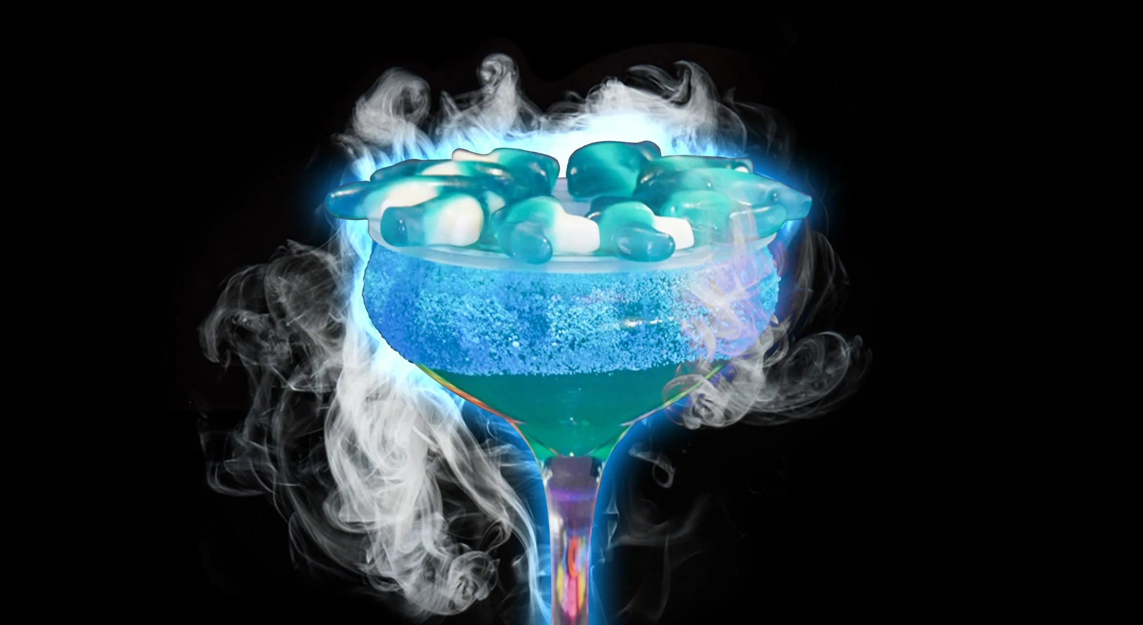 POOL PARTY -Red, White, and Berry Smirnoff Vodka, Blue Curaçao, Pineapple Juice, and Sprite. Rimmed with Blue Raspberry Pucker Powder and garnished with Blue Raspberry Gummy Candies.