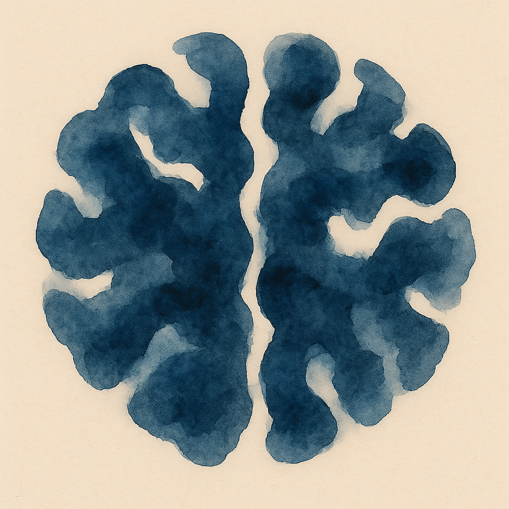 Watercolor painting of a human brain in shades of blue on a beige background.