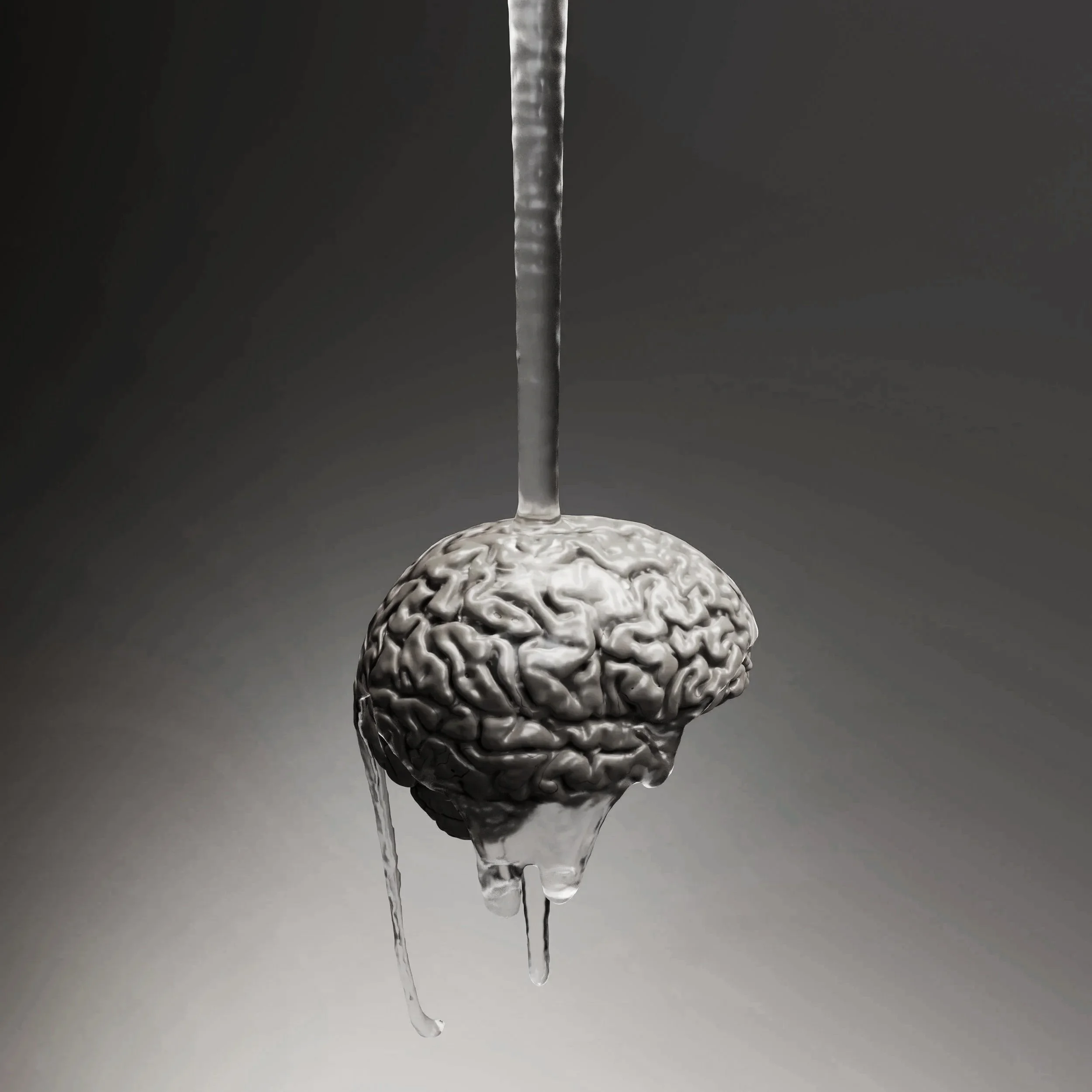 A human brain with water pouring over it and dripping down.