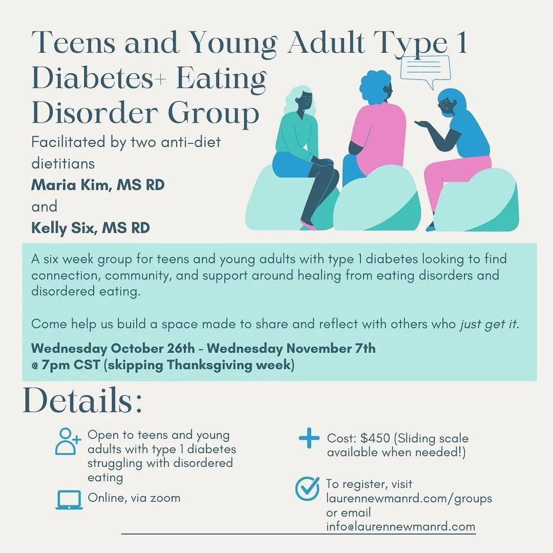 Heyo!! I&rsquo;m SUPER excited to announce this group I&rsquo;ll be leading with my absolutely wonderful colleague Maria Kim for teens+ young adults with type 1 diabetes and disordered eating/ eating disorders.

This group is six weeks to start. Grou
