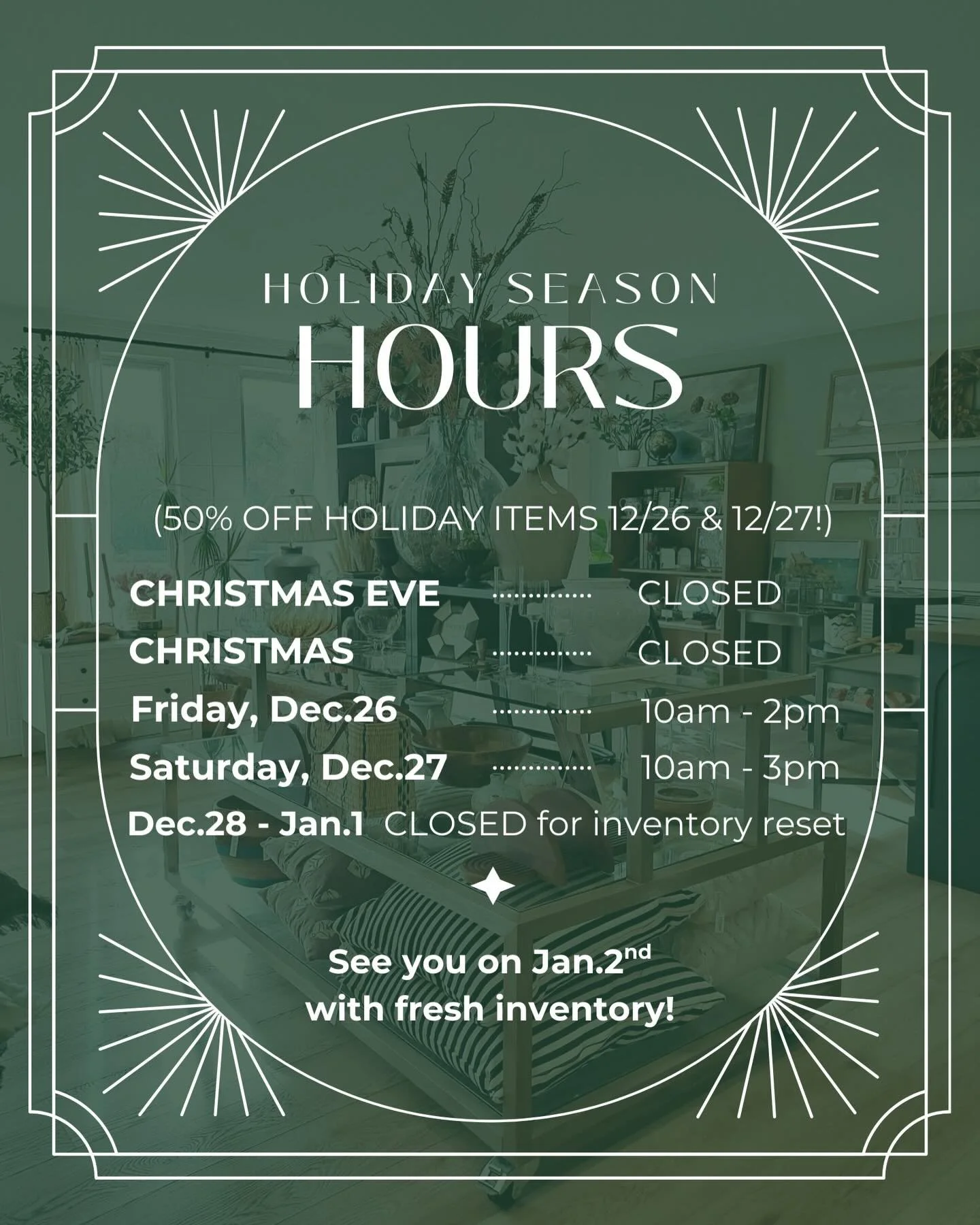 ✨Holiday Hours✨
Come by on 12/26 &amp; 12/27 for 50% Off all Holiday Items! 
.
We will be closed Dec.28th - Jan.1st for a floor/inventory reset. Swing in on Jan.2nd to see a fresh look and new inventory items!
.
#boisesmallbusiness #shopsmallboise #b