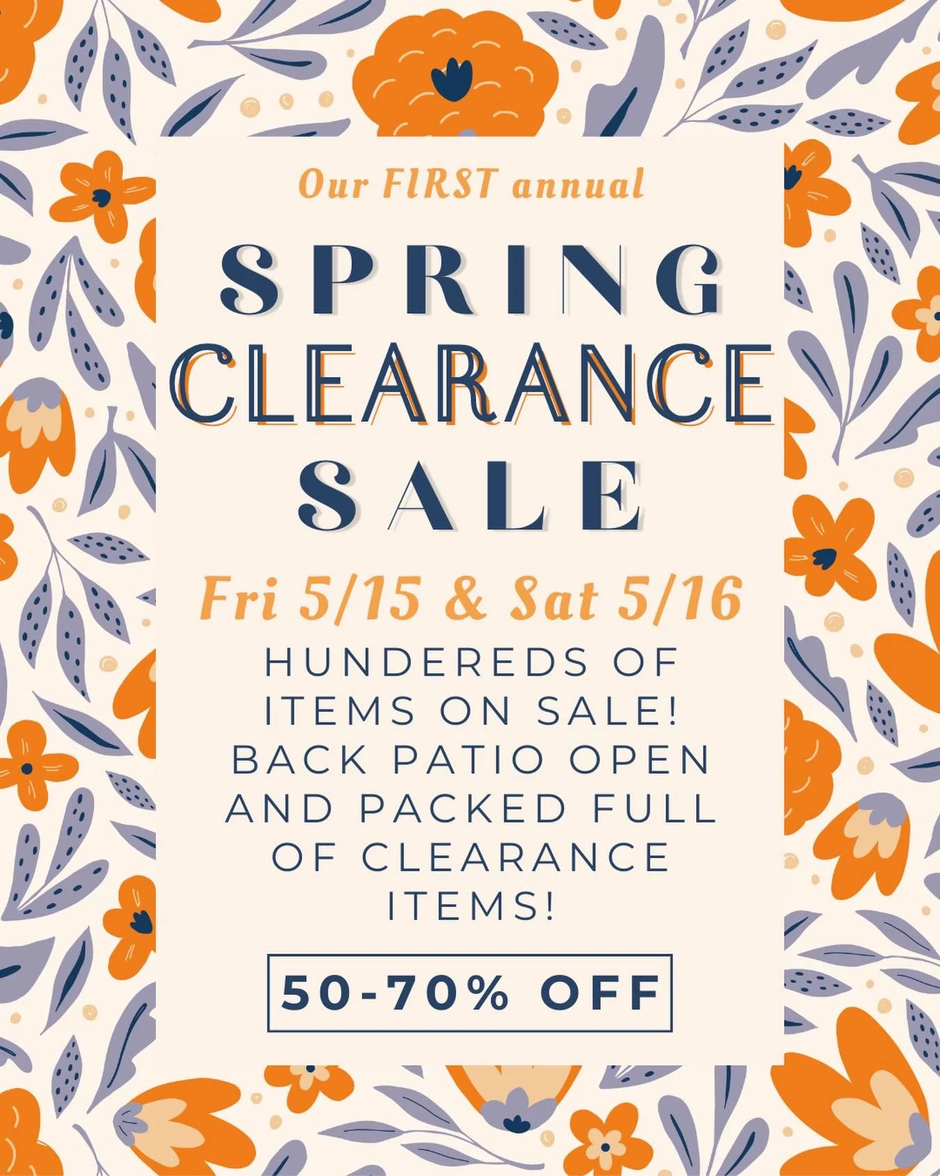 Our first annual spring clearance sale is happening this Friday and Saturday!

We will have hundreds of items discounted by 50-70%, including a huge selection of never-before-seen inventory. This includes overstock items and items with minor defects 