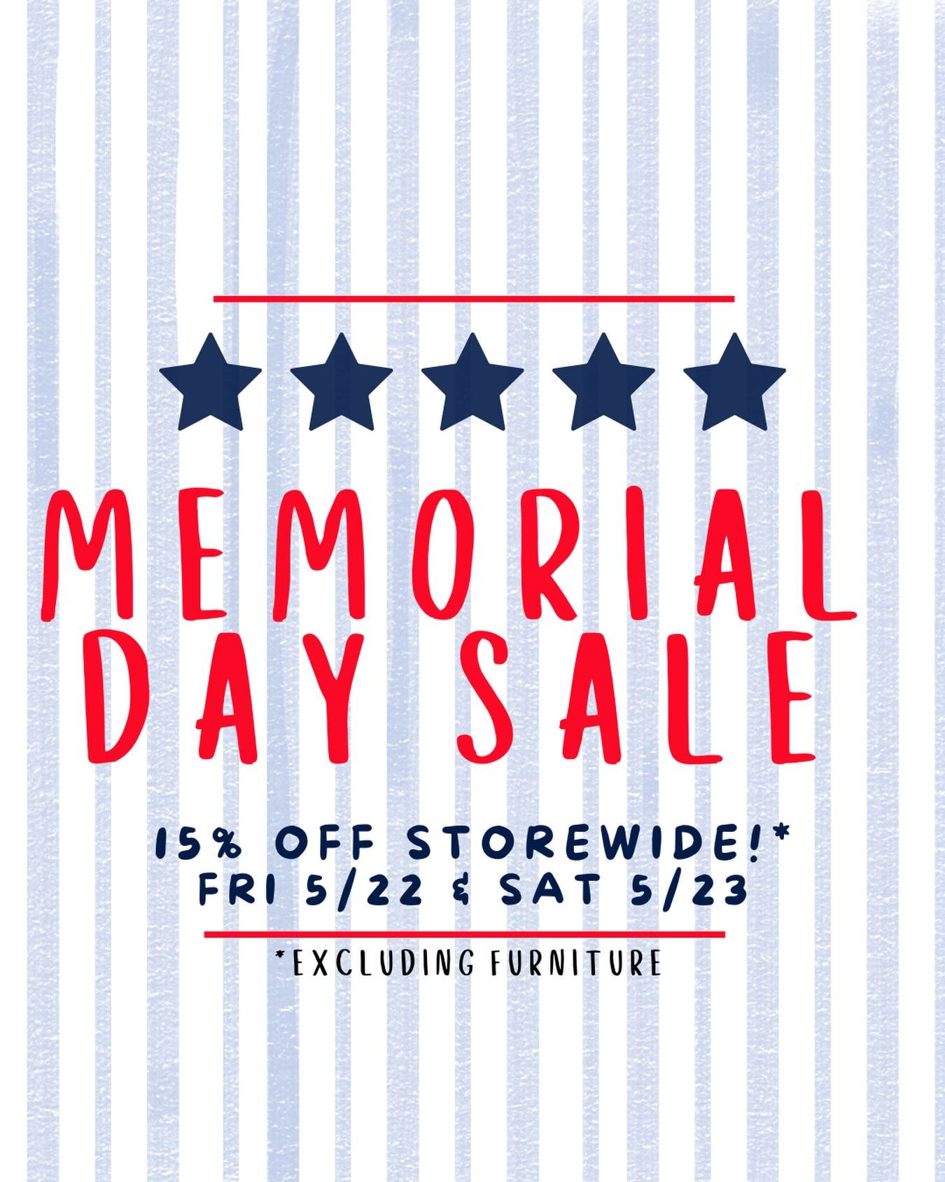 Enjoy 15% Off storewide this Memorial Day weekend!🇺🇸
FRI 5/22 &amp; SAT 5/23.✨
.
#boiseidaho #victoryhomeboise #boisenorthend #shopsmallboise #boiselife