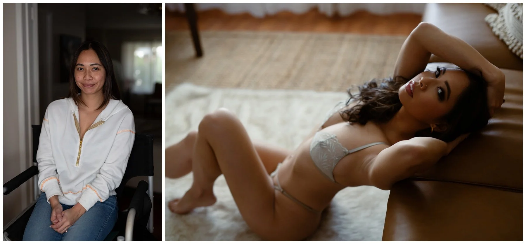 Side-by-side before and after boudoir makeup transformation showing a woman with bare skin on the left and full-glam smokey eye makeup, contoured cheeks, and nude glossy lips on the right.