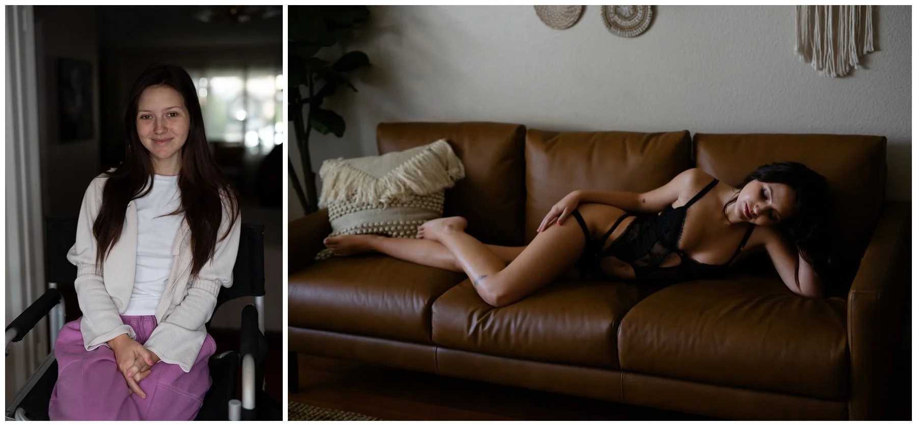 Before and after portrait of a boudoir client, transitioning from a fresh, makeup-free face to polished soft-focus studio makeup with voluminous loose curls.