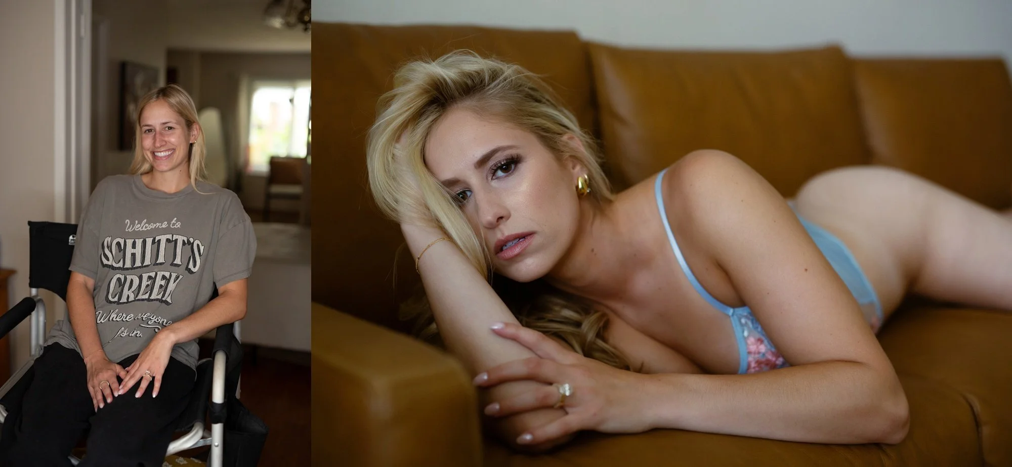 Side-by-side comparison of a boudoir client before styling and after receiving camera-ready foundation, defined brows, and high-volume tousled hair