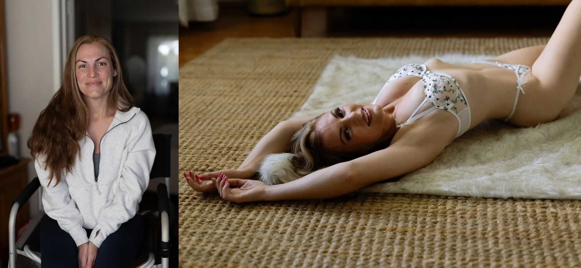 Before and after hair and makeup shot showing flat, natural hair transformed into voluminous, piecey bedroom-texture waves alongside soft, camera-ready skin.