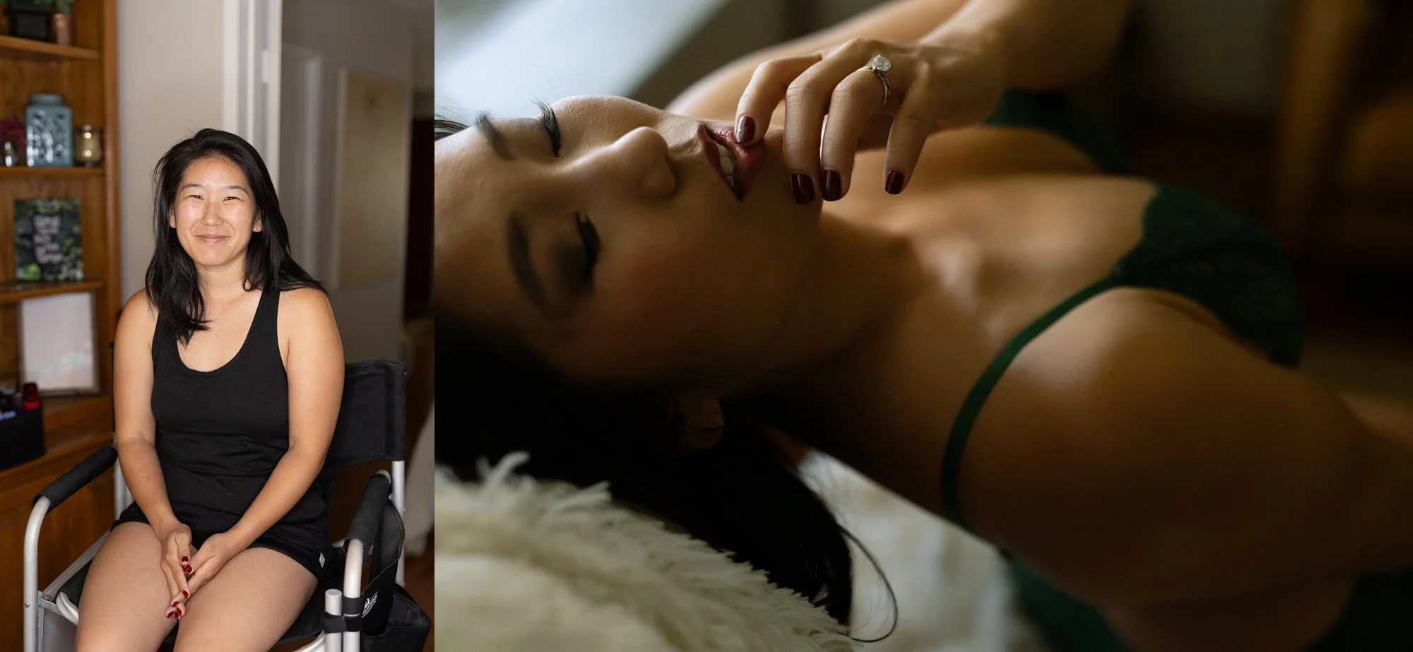 Before and after makeup photo showing a bare-faced client next to a warm-toned boudoir look featuring bronze eyeshadow, highlighted cheekbones, and soft waves.
