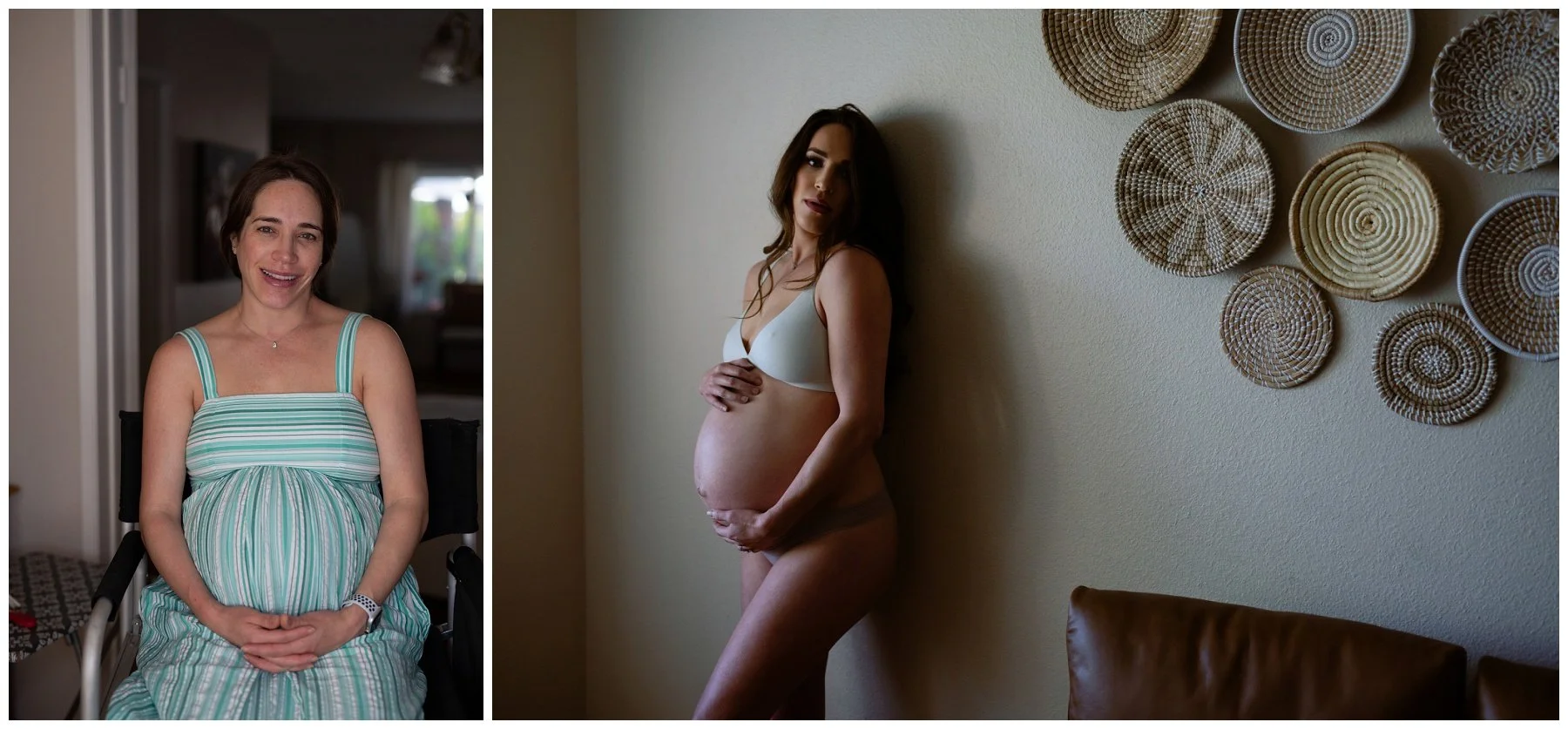 Before and after maternity boudoir transformation showing a fresh, makeup-free face on the left next to a radiant studio look with glowing skin, soft defined eyes, and loose flowing waves on the right.