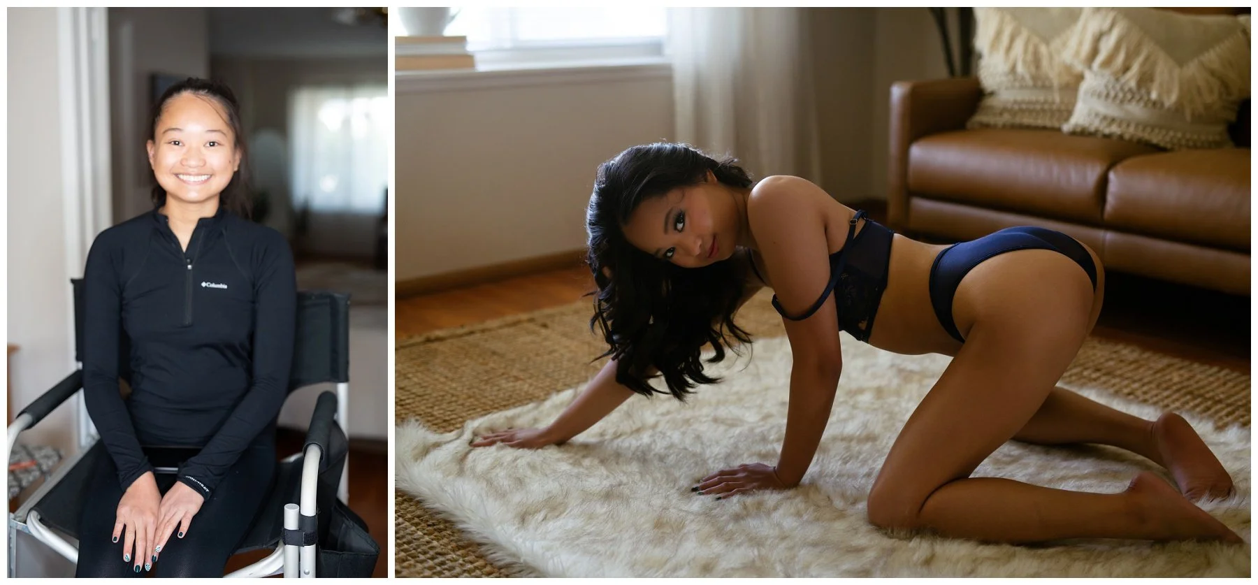 Before and after boudoir hairstyling portrait showing straight unstyled hair on the left transformed into voluminous, textured beach waves on the right