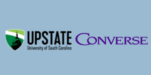 University of South Carolina Upstate logo with a shield featuring a silhouette of a dome and a tower, green and white stripes, on a light blue background.