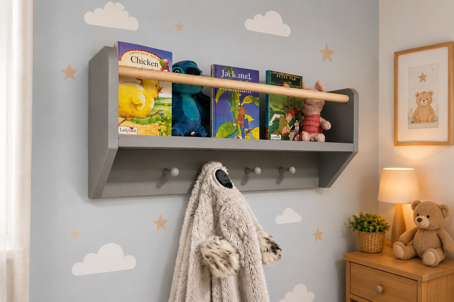 Handmade Personalised Wooden Nursery Shelf With Pegs
