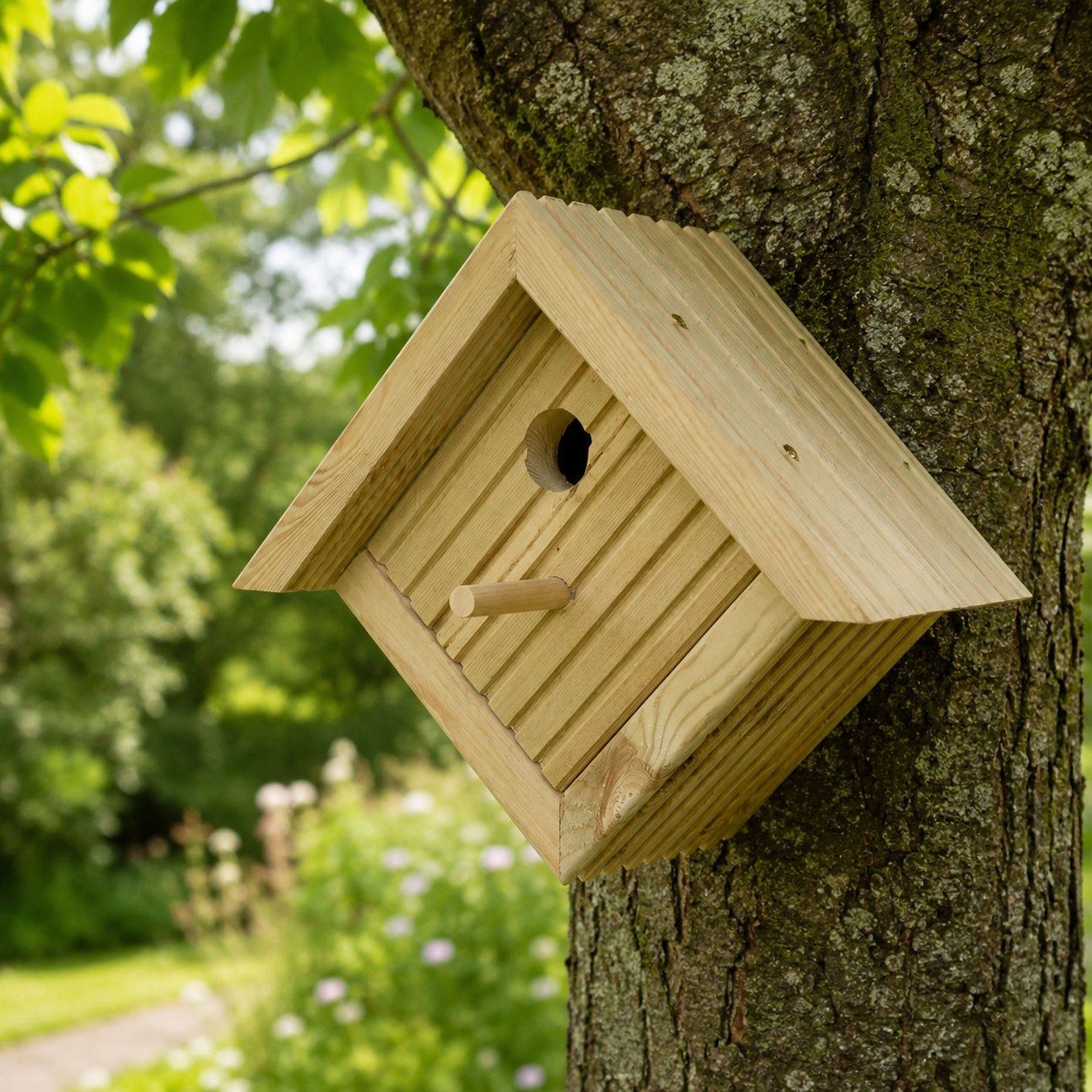 wooden birdhouse mounted on tree in garden