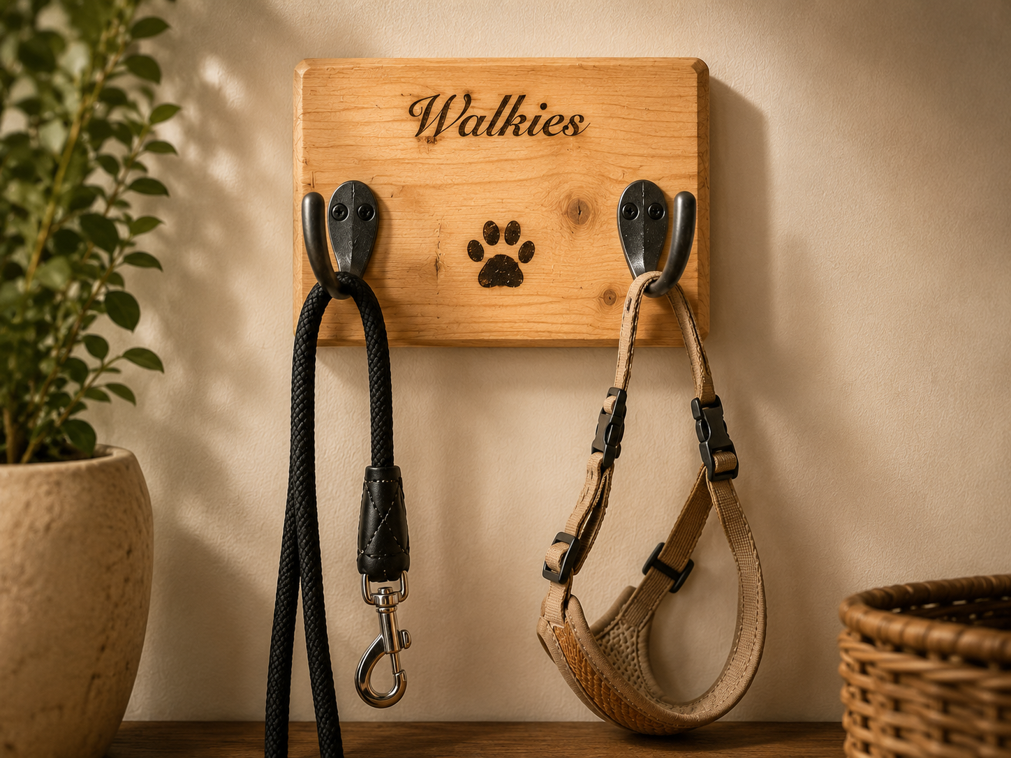 Personalised rustic wooden dog lead and harness holder with engraved walkies design and black metal hooks