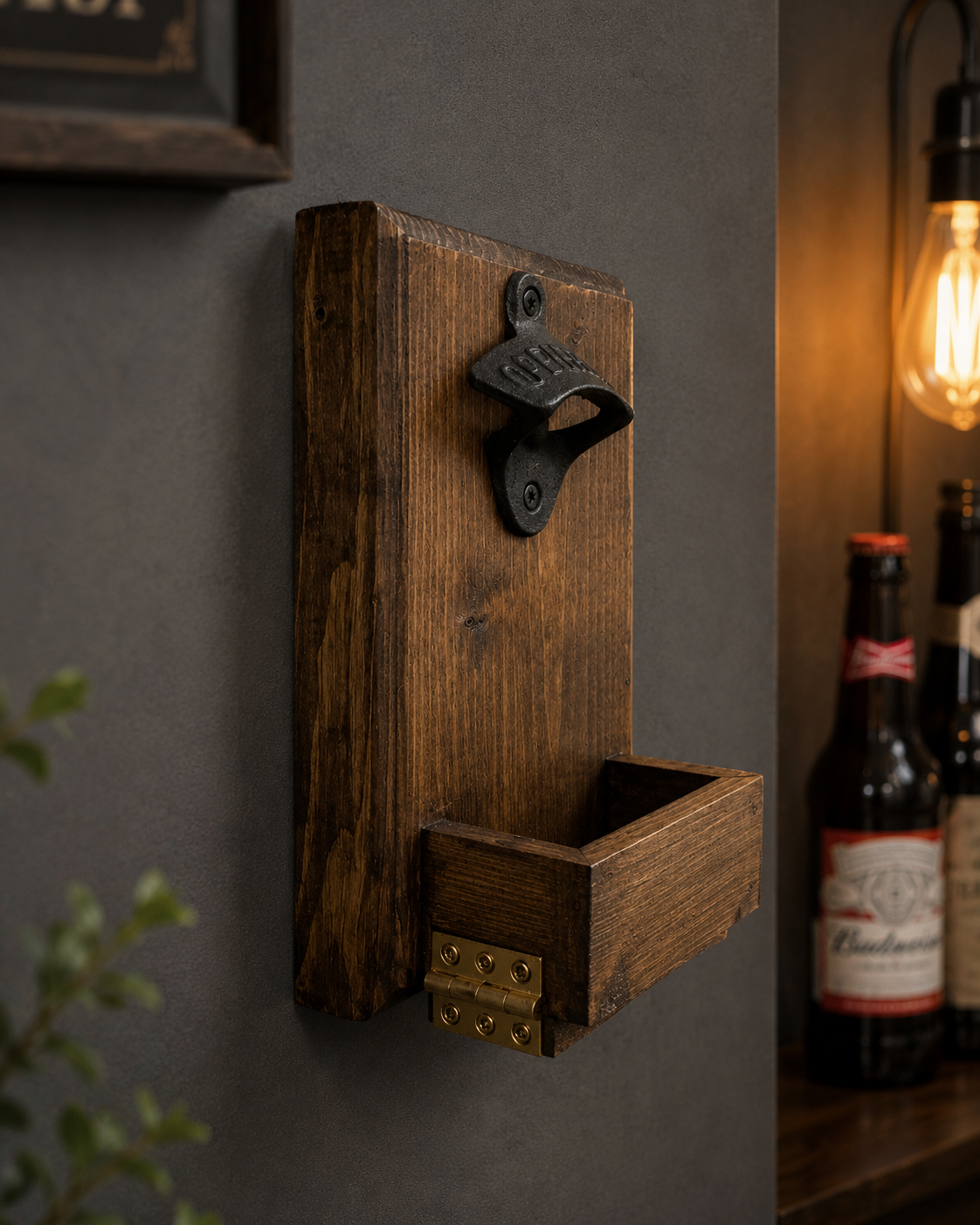 Rustic Wall-Mounted Beer Bottle Opener With Cap Catcher
