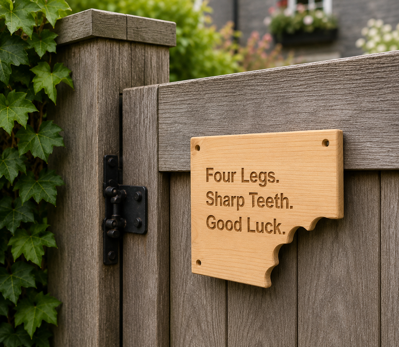 Rustic handmade wooden dog sign mounted on garden gate