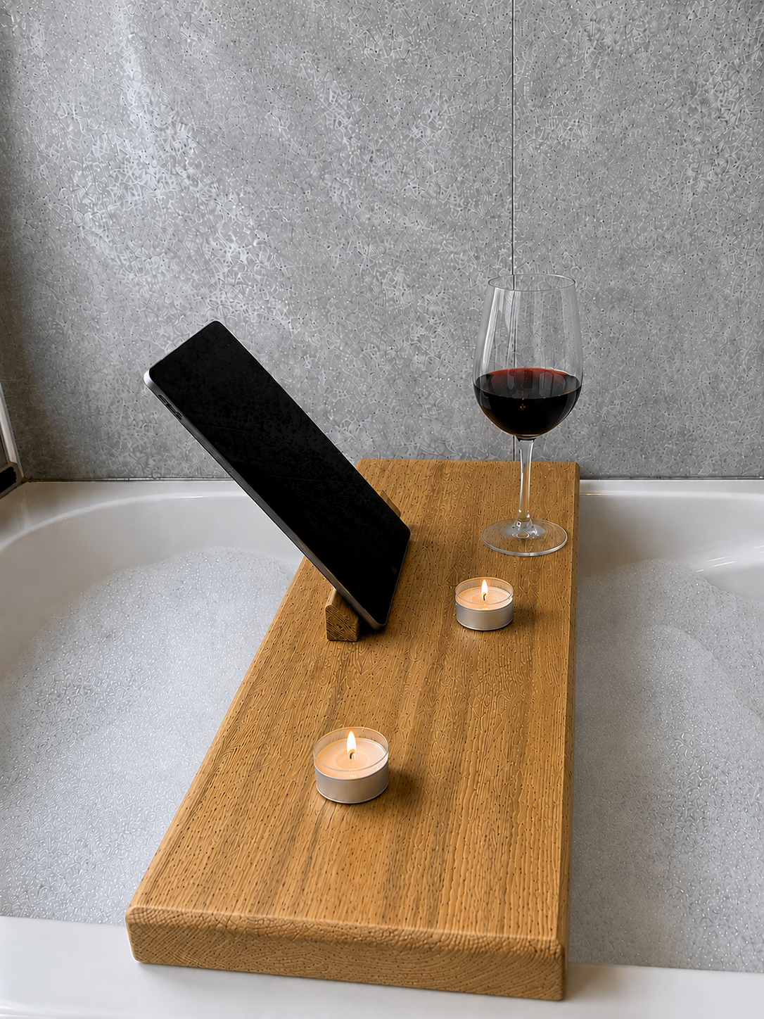 Rustic bath caddy showing handcrafted timber detail