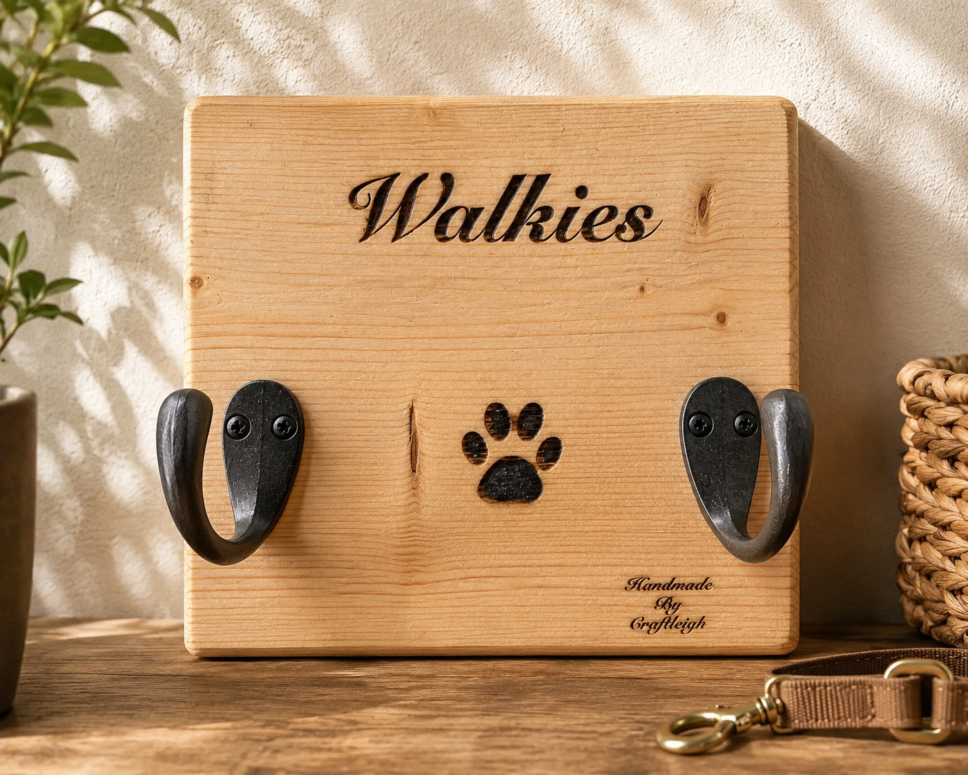 Personalised Rustic Wall Mounted Dog Lead & Harness Holder | Wooden Dog Leash Storage UK