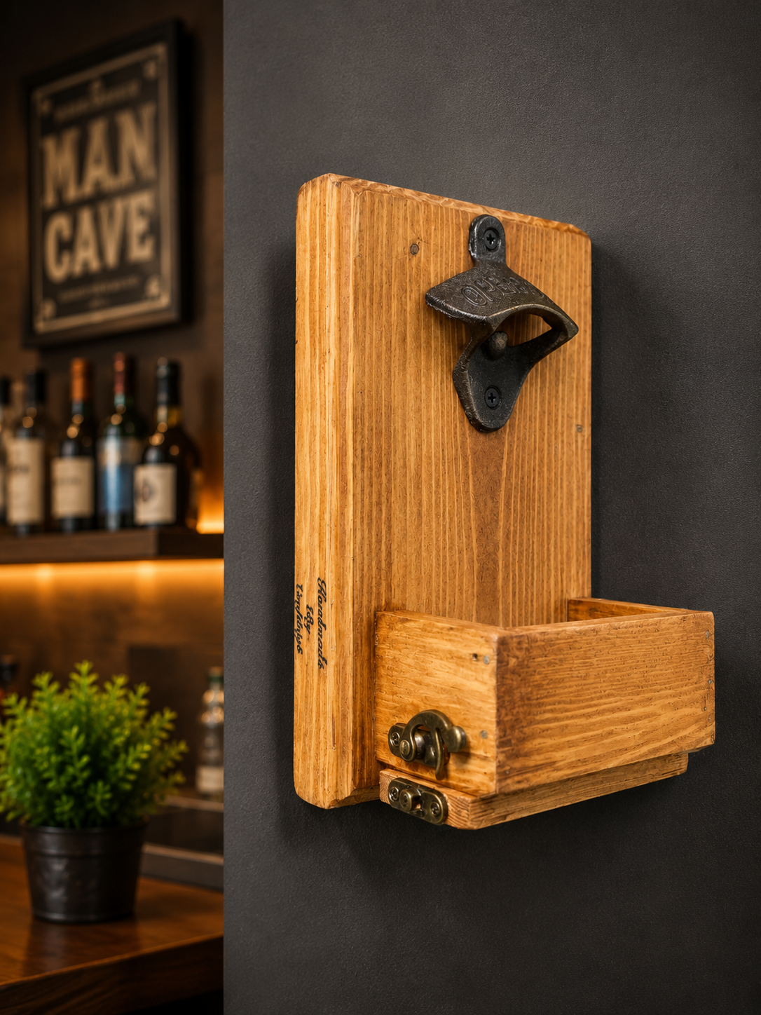 Rustic Wall-Mounted Beer Bottle Opener With Cap Catcher