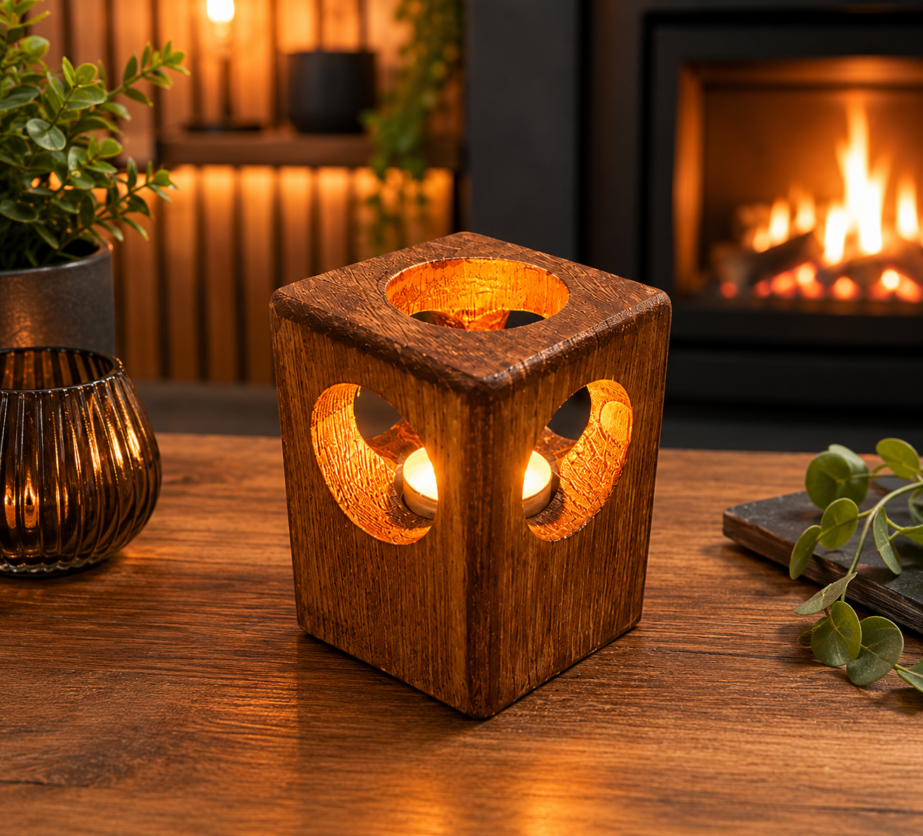 Rustic handmade wooden tea light holder with candle glow