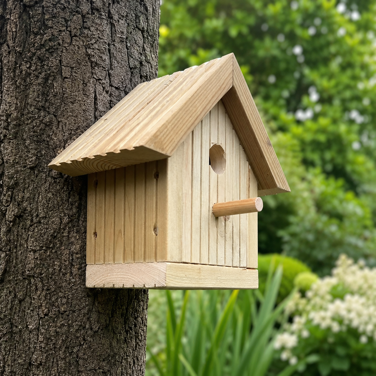 Handmade wooden bird house in garden setting