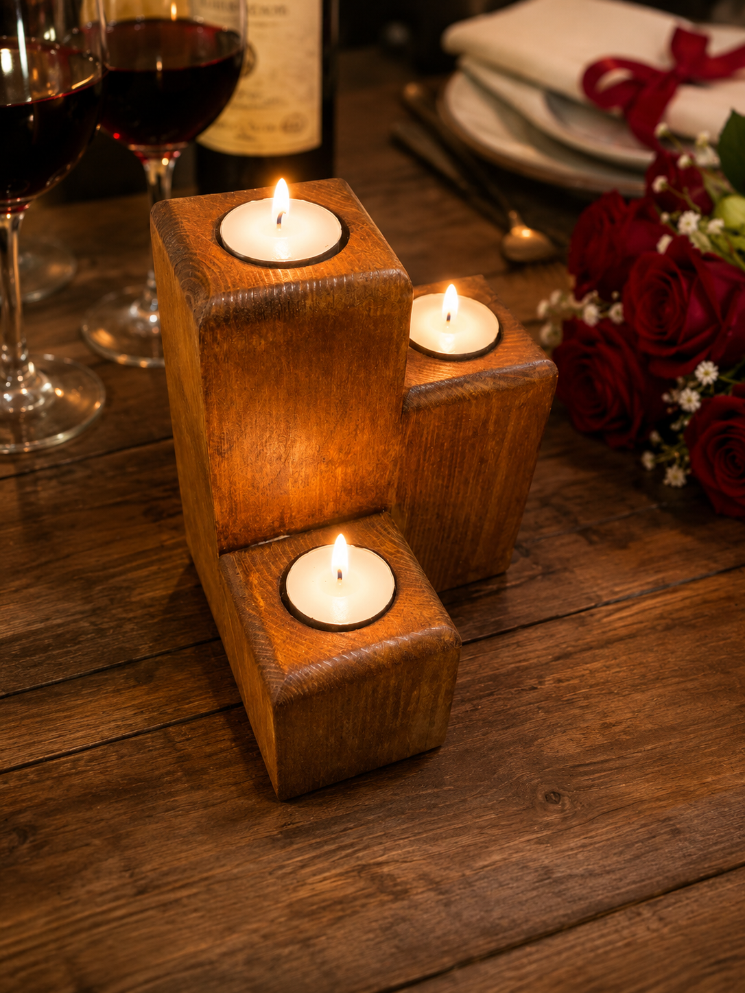 Handmade wooden candle holder with triple tier design