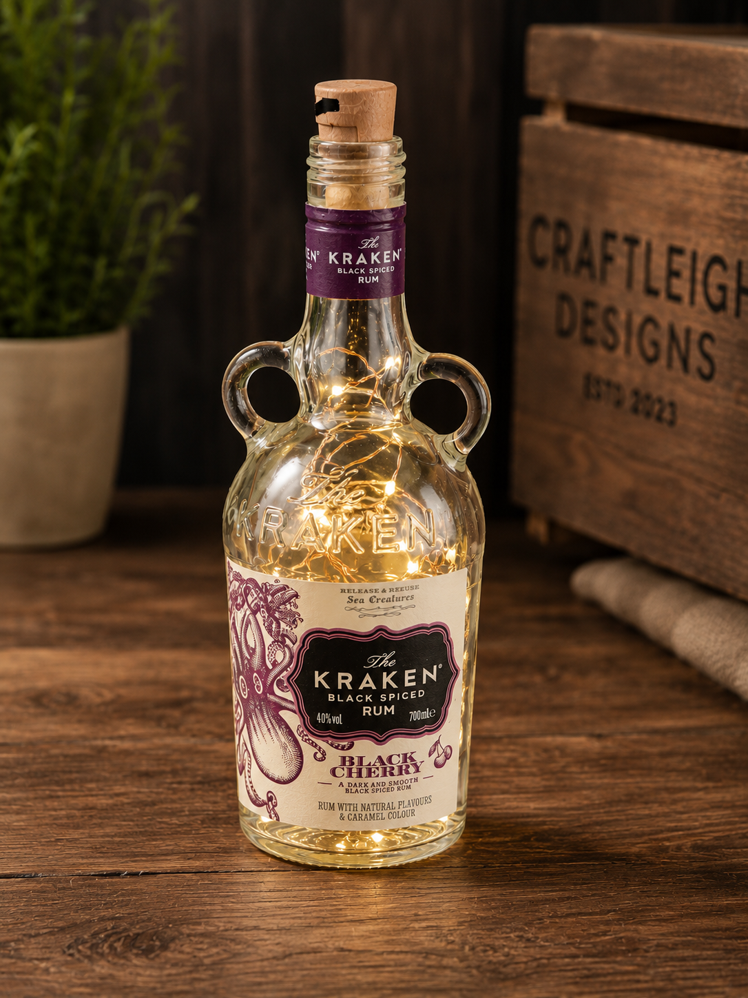 kraken bottle with fairy lights