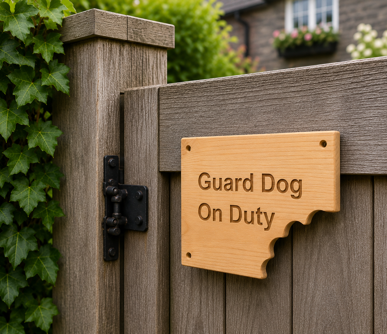 Rustic personalised dog sign showing timber detail