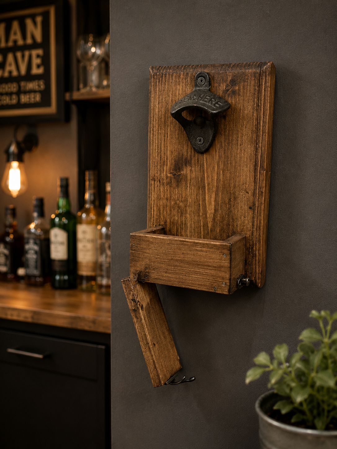Rustic Wall-Mounted Beer Bottle Opener With Cap Catcher