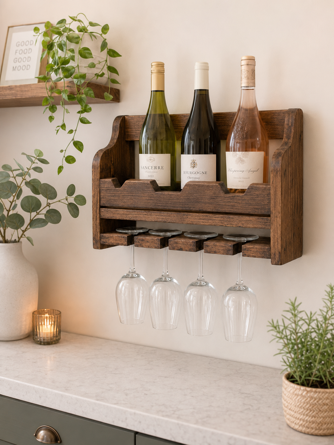 Wall-Mounted Wooden Wine Rack for 4 - 6 Bottles