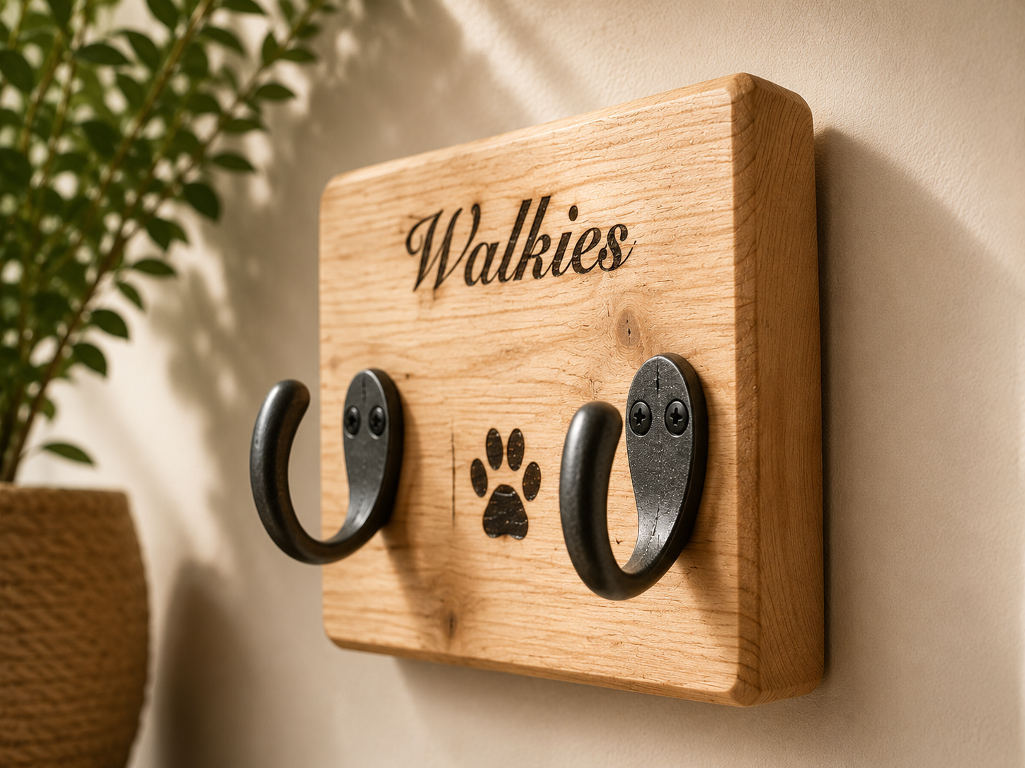 Side view of handmade wooden wall mounted dog lead holder showing engraved detail and metal hooks