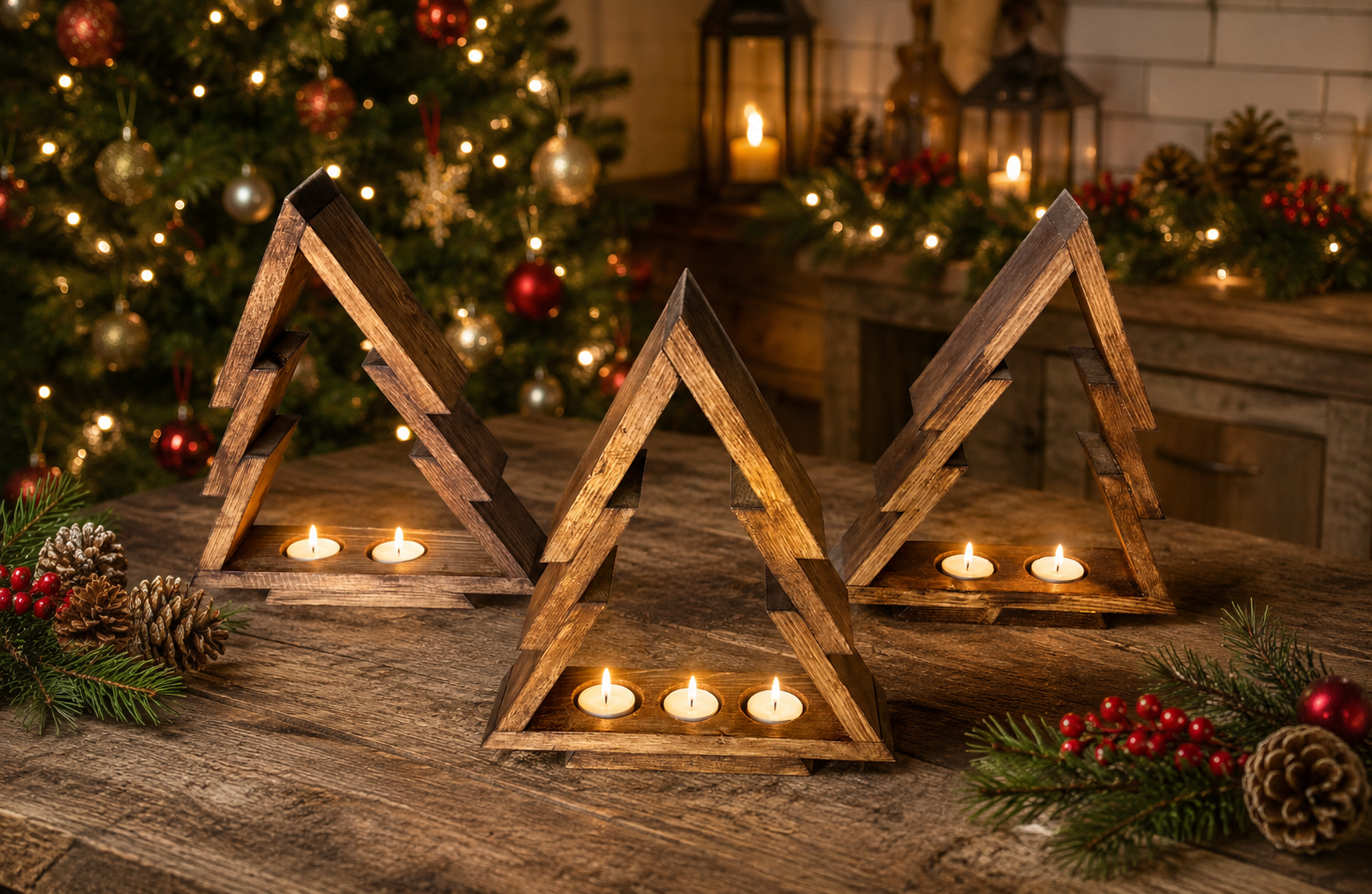 Handmade Wooden Christmas Tree Candle Holder | Tea Light Decoration