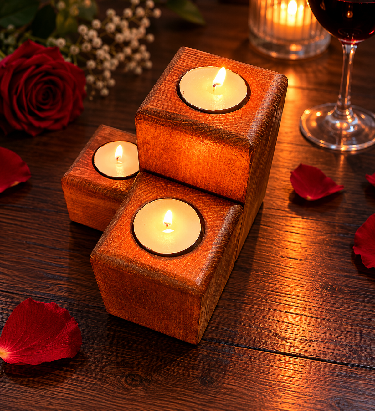 Rustic handmade triple tiered wooden tealight holder