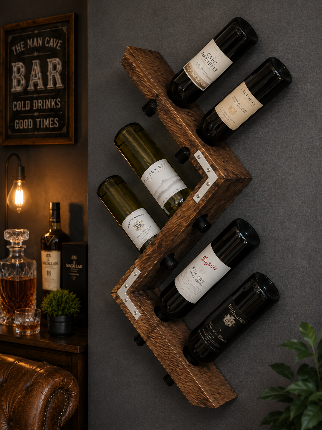 Rustic Wall Mounted Wine Rack: Holds Six Bottles
