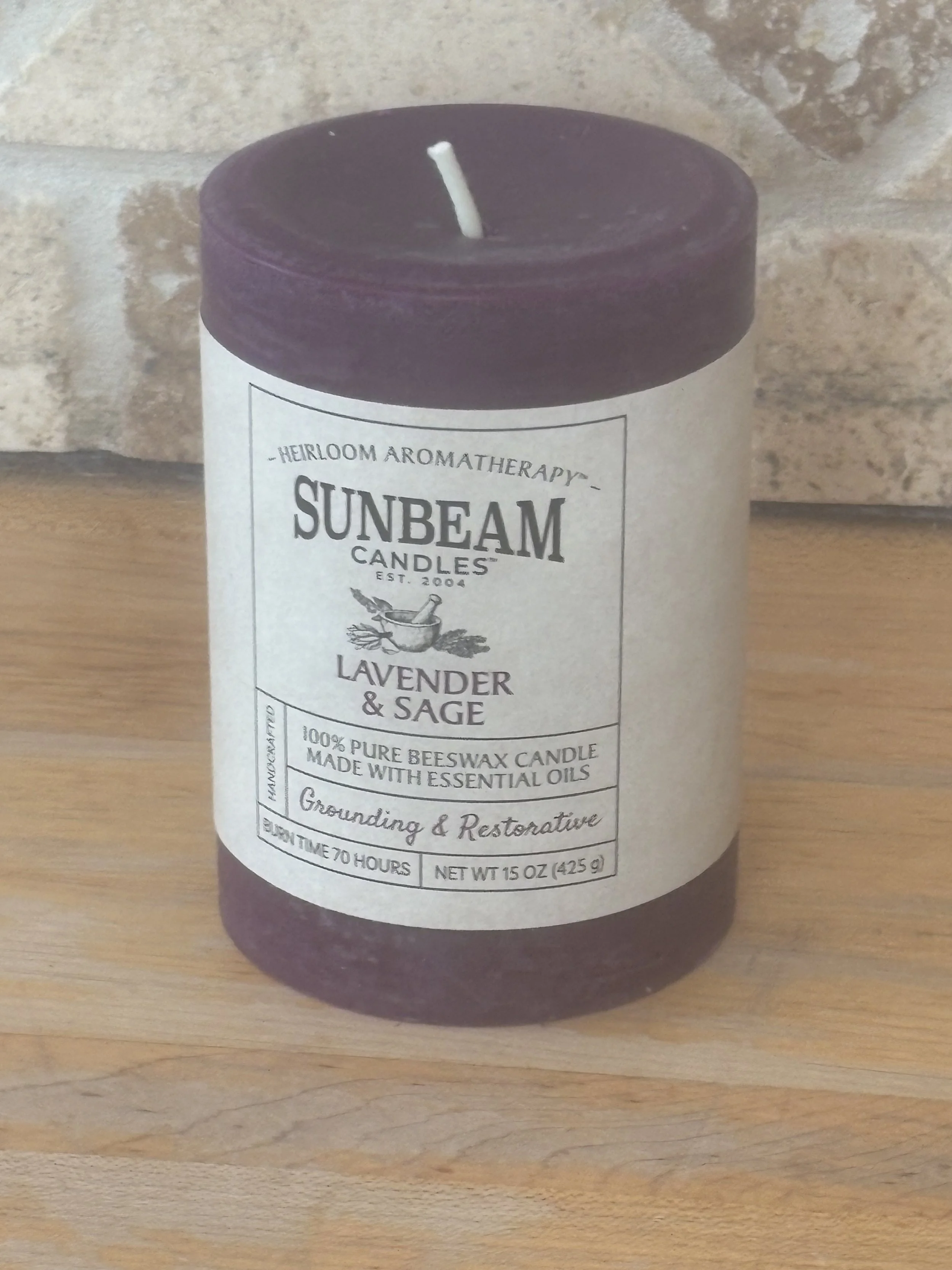 Beeswax Lavender & Sage Pillar 3" x 4.25