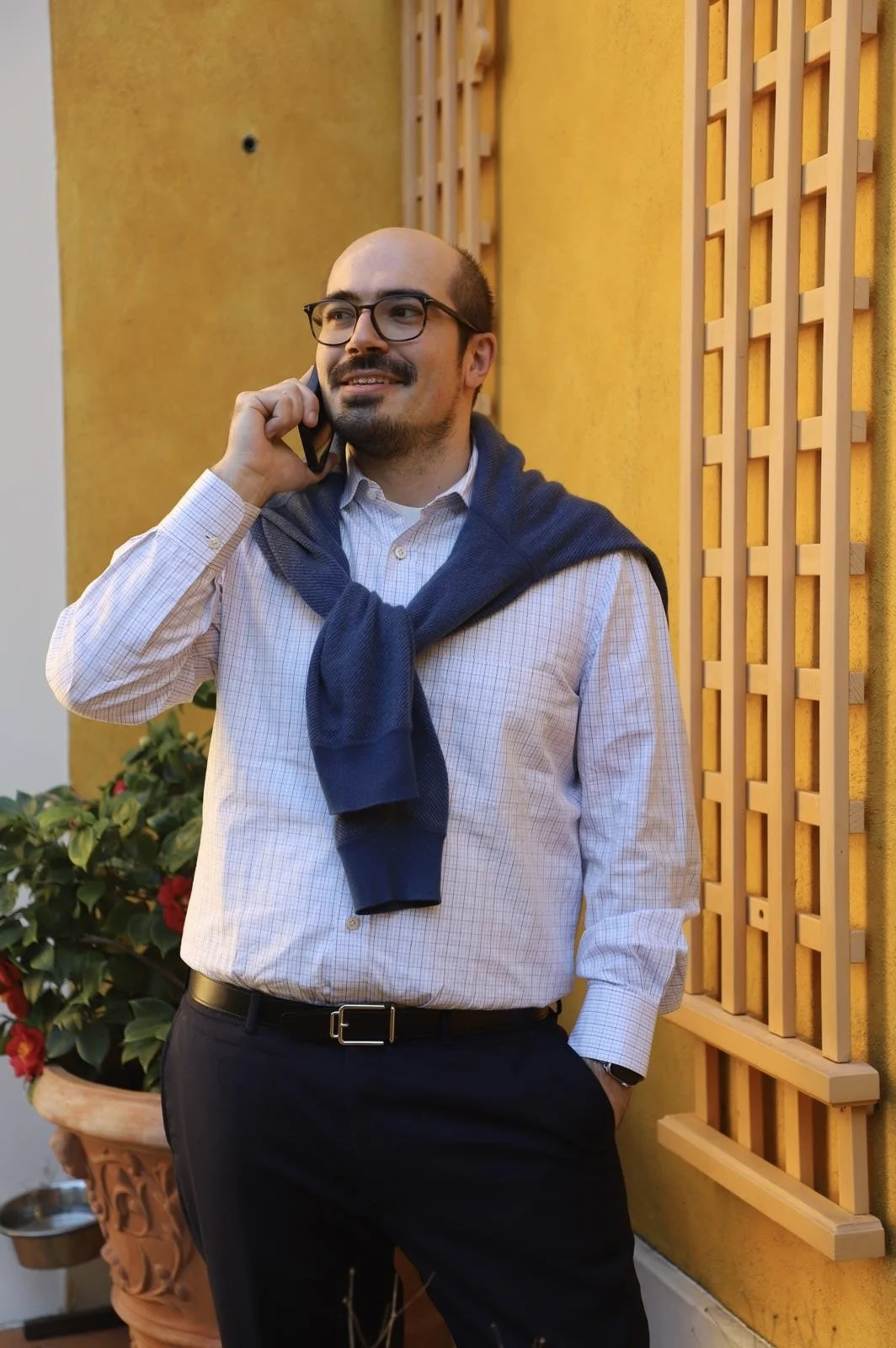 Attorney Matthew Waldron taking a phone call outside.