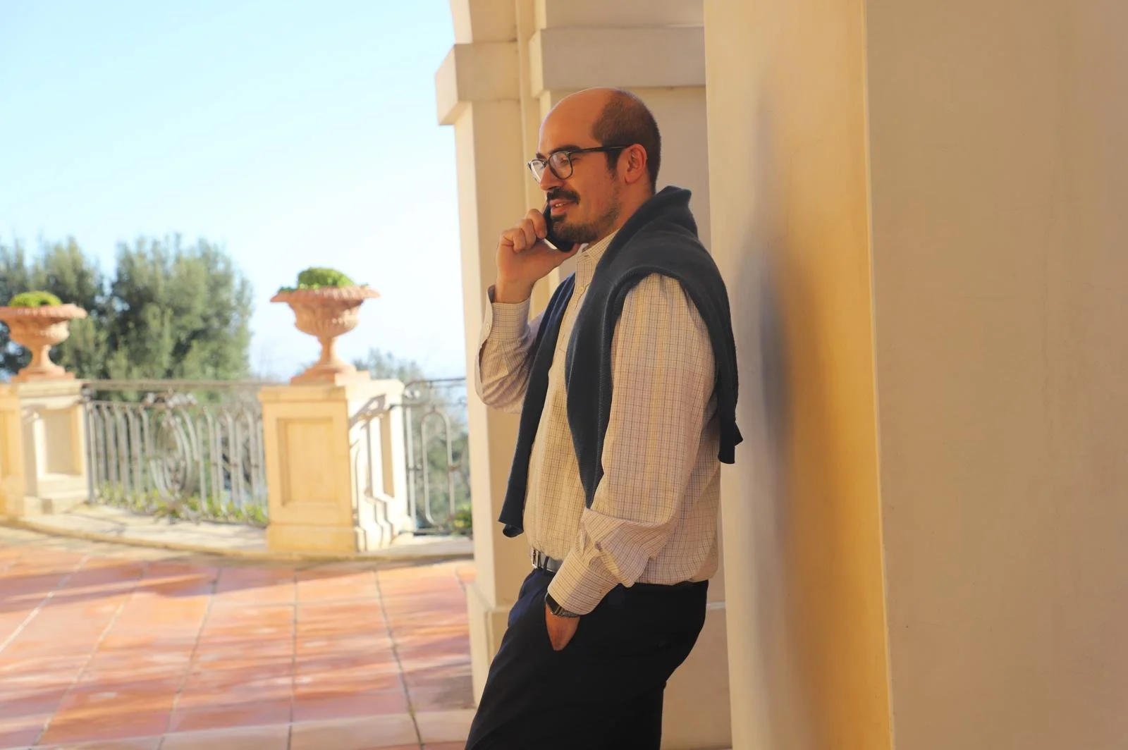 Attorney Matthew Waldron taking a phone call outside.