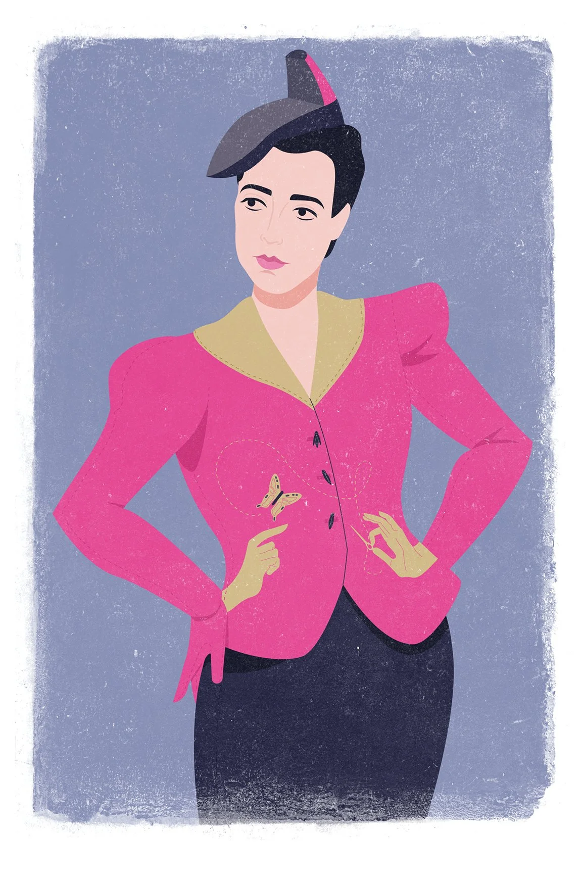 Portrait de Elsa Schiaparelli - Créatrice de mode italienne célèbre notamment pour l’utilisation du surréalisme.
Illustration numérique. Projet personnel.