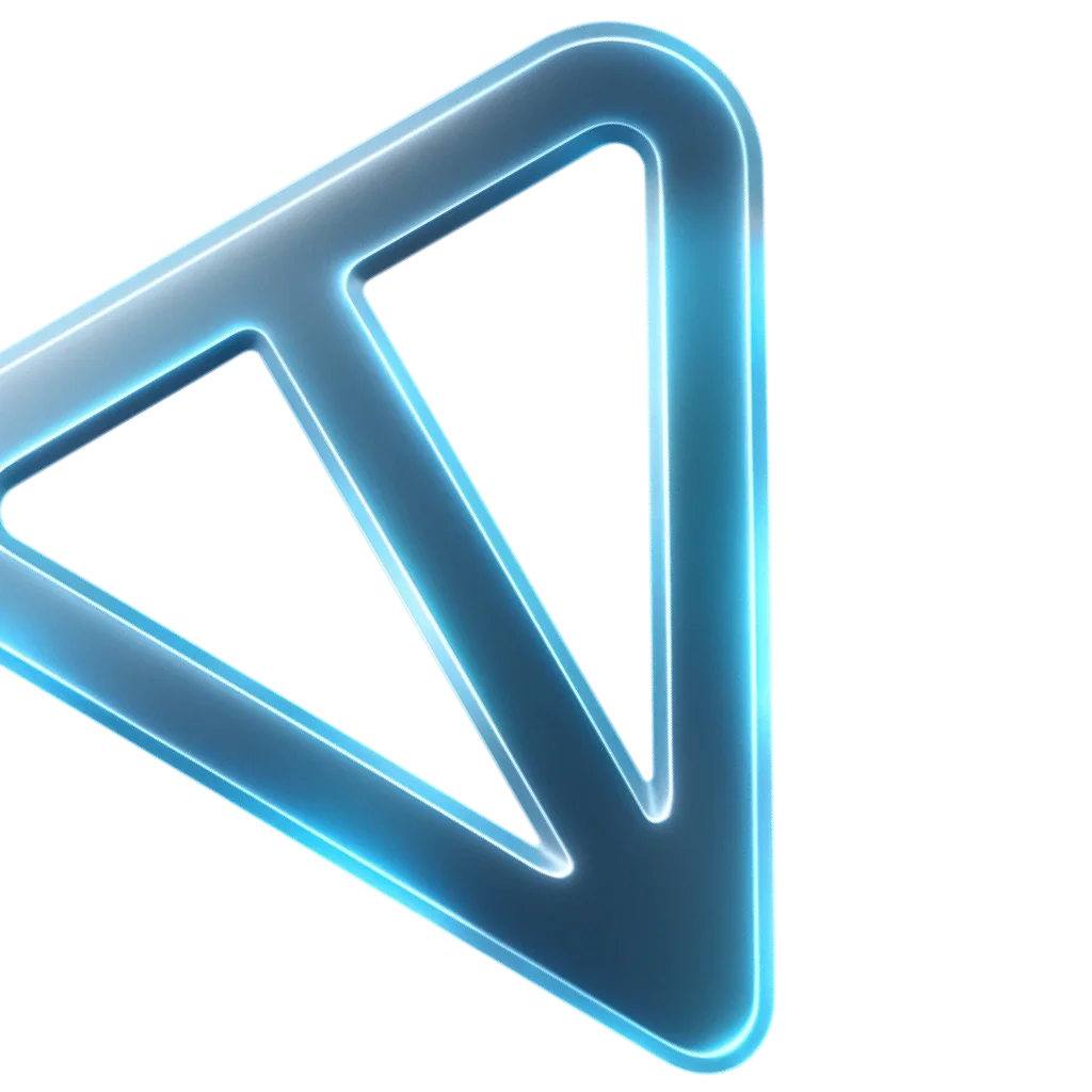 A neon blue triangular warning or caution sign with rounded edges, illuminated and floating against a black background.