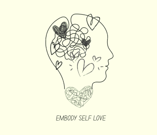Drawing of a head with swirls symbolizing confusion, transforming into hearts and self love.