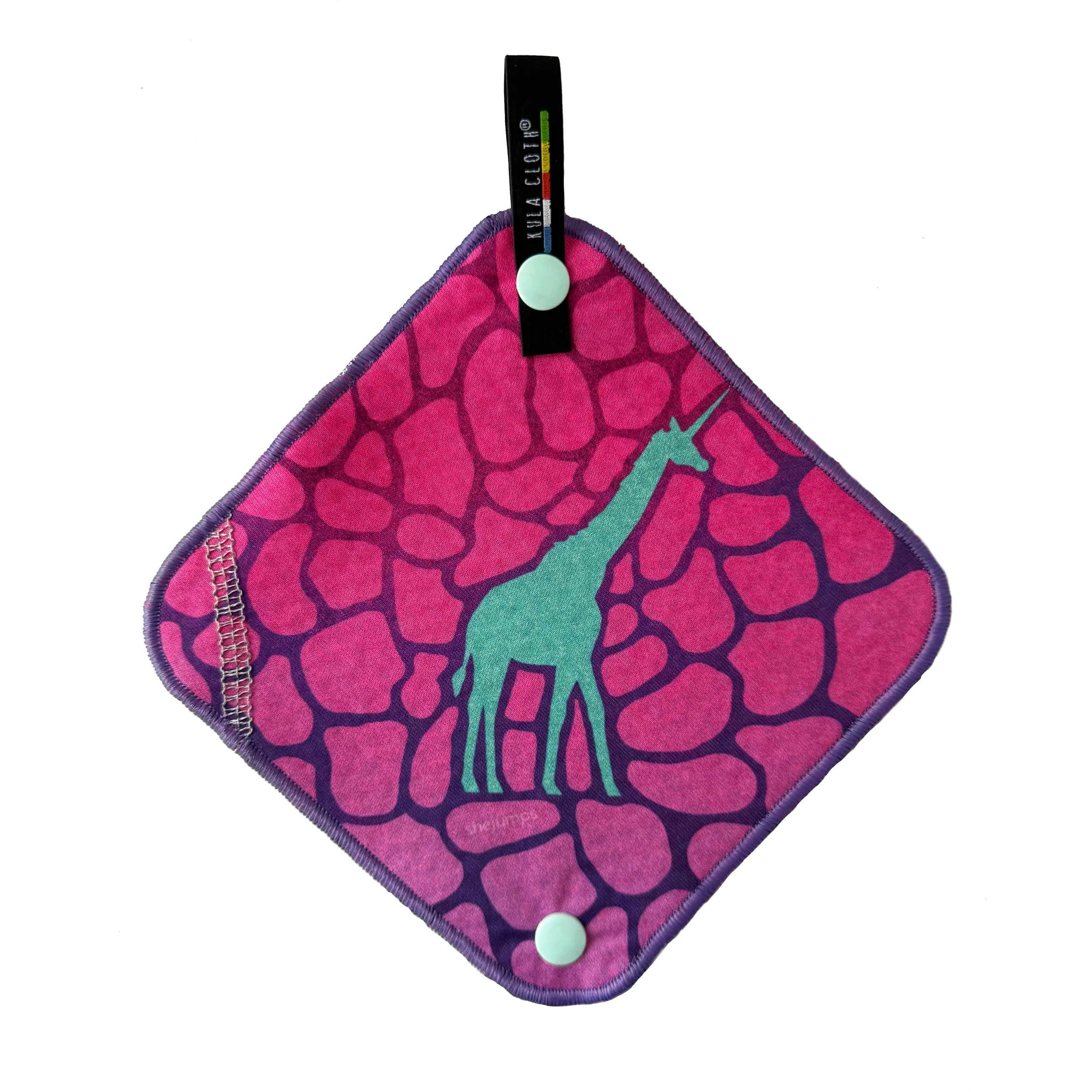 diamond-shaped magenta Kula cloth with teal giraffe in profile