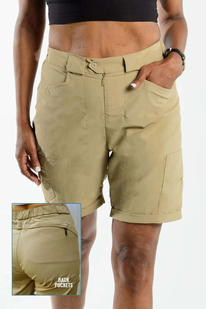 lower half of woman wearing Ziphers khaki hiking shorts with panel showing rear view