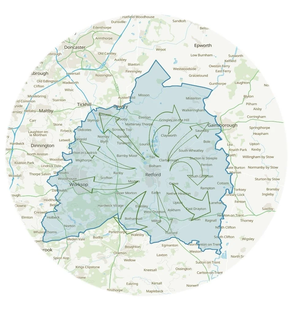 Map of a geographical area with outlined town and neighborhood boundaries, including towns like Retford, Gainsborough, and Worksop, and bodies of water.