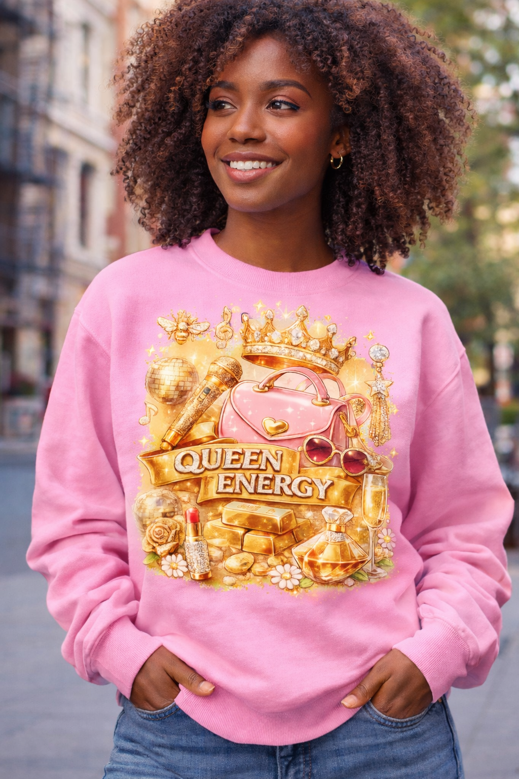 Queen B Energy Crewneck Sweatshirt – Gold Crown & Luxe Icon Graphic BeyHive Approved