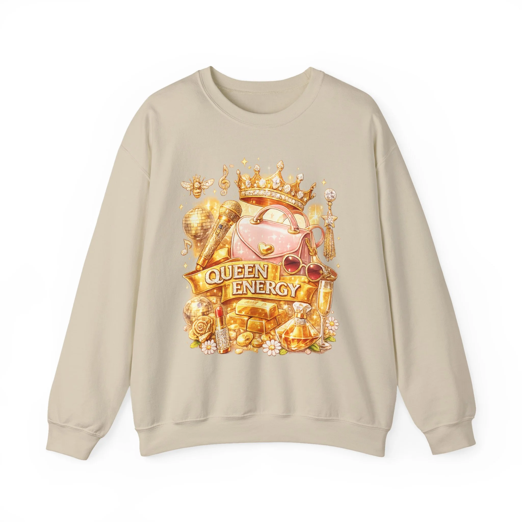 Queen B Energy Crewneck Sweatshirt – Gold Crown & Luxe Icon Graphic BeyHive Approved